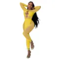 Sexy sheer leopard print jumpsuit with long sleeves, cutout front and pearl button details. - S / Set / Yellow