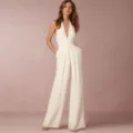 Elegant white sleeveless halter wide leg jumpsuit for women, casual deep v neck long romper. - S / Set / White