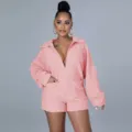 Pink fuzzy fleece romper for women casual zip up short jumpsuit with pockets winter warm apparel. - S / Jumpsuits / Pink