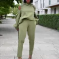 Stylish Women Olive Green Cold Shoulder Hoodie Sweatshirt And Casual Long Pants Set - S / Top And Bottom / Green