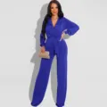 Elegant long sleeve V-neck belted solid color casual jumpsuit detail view for modern women. - S / Jumpsuits / Blue