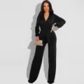 Detailed view of the elegant black long sleeve V-neck jumpsuit featuring a waist tie. - S / Jumpsuits / Black