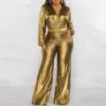 Elegante mono largo metalizado dorado de manga larga con cuello en V sexy para fiesta mujer - S / Vestidos / Dorado