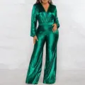 Detalle del mono largo verde metalizado de terciopelo con cuello en V y manga larga. - S / Vestidos / Verde