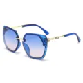 Women Rhinestone Polygon Sunglasses Blue Gradient Chic Gold Metal Fashion Elegant Eyewear - Blue Frame Blue Pink Gradient Lenses