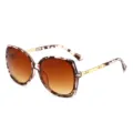 Oversized tortoise shell sunglasses for women with gradient brown lenses and metal chain temples. - Leopard/Tea