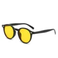 Vintage round frame sunglasses with yellow lenses and rivet details for women and men. - Black Frame Yellow Lens
