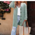 Women long cable knit cardigan sweater, solid color open front coat with pockets and buttons. - S / Tops / Bean Green