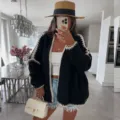 Women casual black chunky knit cardigan coat with white contrast trim, loose long sleeve outerwear. - S / Tops / Black