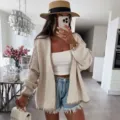 Oversized knitted cardigan for women, solid color chunky knit long sleeve sweater coat. - Apricot