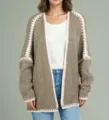 Women's casual oversized knit cardigan sweater with contrast crochet trim long sleeve. - Green