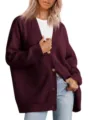 Gilet cardigan en tricot pour femme col V, pull casual manches longues couleur unie automne. - Bordeaux
