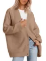 Cardigan en tricot manches longues col V avec boutons pour femme pour automne et hiver. - Couleur caramel