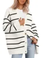 Gilet cardigan en tricot rayé à manches longues et col V pour femme élégant hiver - Rayures Noires et Blanches