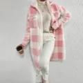 Women Pink Plaid Fleece Coat Long Sleeve Turn Down Collar Casual Teddy Winter Jacket - S / Tops / Pink