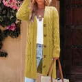 Women's solid color long knitted cardigan sweater with buttons and pockets for autumn and winter. - Yellow