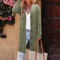 Long cable knit cardigan for women, stylish open front button down sweater with pockets. - Army Green