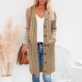 Casual khaki cable knit long cardigan sweater for women with front pockets and buttons. - Khaki