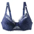 Detailed view of the deep blue lace push-up bra, featuring delicate floral lace and straps. - Blue