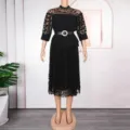 Elegant black mesh patchwork chiffon midi dress with pearls, half sleeves and chic belt. - L / Dresses / Black