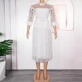Elegant white women's mesh patchwork chiffon midi dress featuring stylish pearl belt. - L / Dresses / White