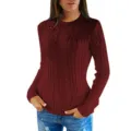 Women's Casual Long Sleeve Cable Knit Sweater Slim Fit Solid Color Crewneck Pullover Top - S / Tops / Red