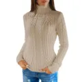 Femme pull col roulé motif torsades décontracté slim manches longues élégant beige - Abricot