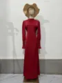 Elegant red long sleeve maxi dress with stand collar and pleated cuffs for women detail view. - S / Dress (S9071) / Red
