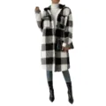 Black and white plaid sherpa coat women long sleeve lapel oversized fuzzy winter jacket - S / Tops / Black