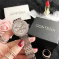 Reloj de cuarzo con pedrería para mujer, esfera grande y tres subesferas, correa metálica. - Plata-Oro Rosa