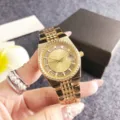 Luxury gold women quartz watch with diamond bezel, calendar display and elegant metal strap. - Gold