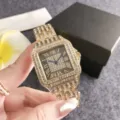 Goldene quadratische Strass Damen Uhr mit römischen Ziffern und Stahlarmband Luxus Modegröße - Schwarz & Gold