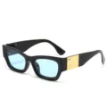 Schicke dicke schwarze Sonnenbrille mit hellblauen Gläsern und goldenem Bügeldetail für den Sommer. - Schwarzer Rahmen Blaue Gläser