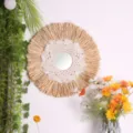 Specchio da parete boho intrecciato a mano con frange di paglia decorazione macramè - Specchio Sospeso in Pizzo di Paglia e Piume (9145E)