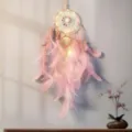 Pink two-ring LED dream catcher wall hanging decor with feathers and beads for room. - 7033CCD Pink with Light