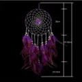 Detail view of the purple dreamcatcher hanging on the wall, showing feather and bead texture. - 6097 Purple