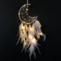 Moon Dream Catcher with LED Lights White Feathers Wall Hanging Bedroom Decor Variant - With LED Light / White
