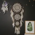 Bohemian large 3-ring crochet feather dream catcher wall hanging decor for home bedroom. - Style 9090