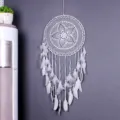 Nordic handmade white dream catcher wall hanging with feathers and delicate crochet net. - 9040E Large Size