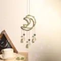 Crystal moon suncatcher hanging ornament with green stones and prism drops for home decor. - XY3234 Big Moon with Crushed Stones
