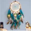 Handmade dream catcher wall hanging with LED lights, blue feathers and tree of life decor. - 9567CD With Light