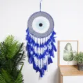 Nordic handmade crochet dream catcher evil eye wall hanging home decor blue feather pendant - 9521 Evil Eye Size