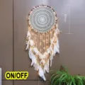 Nordic handmade crochet dream catcher with LED lights and feathers for indoor home decor. - 0006 With LED Light String