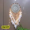 Nordic handmade crochet dream catcher with fairy lights and white feathers for home decor - 0071 With LED Light String