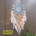 Handmade white crochet dream catcher with LED lights and feathers for boho room wall decor. - 0006C With LED Light String