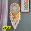 Nordic handmade crochet dream catcher with fairy lights and feathers for home wall decor. - 9040D Beige With LED Light String