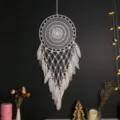 Handmade white crochet dream catcher with feathers and wooden beads, indoor hanging decor. - MS9089 White Size