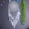 White handmade crochet dreamcatcher with feathers and beads, Nordic home wall decor variant. - 9141F Large Size