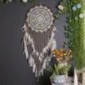 Handmade crochet dream catcher with white feathers and wooden beads for wall decor. - 9141E Large Size
