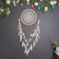 Handmade crochet dream catcher wall hanging with white feathers and wooden beads for decor. - 9141B Large Size